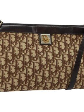 Authentic Christian Dior Trotter Canvas Shoulder Bag Beige Gold